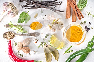 Fresh herbs, dried colorful spices