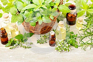 Fresh herbs and essential oil on the wooden table