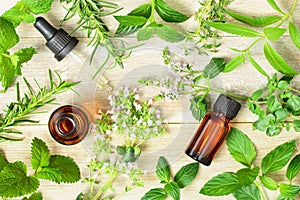 Fresh herbs, flowers and massage oil on the wooden board, top view