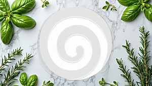 Fresh herbs frame circular space on marble background