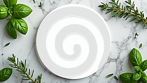 Fresh herbs frame circular space on marble background