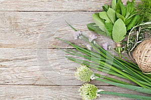 Fresh herbs on garden table