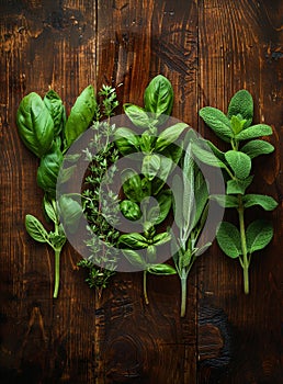 Fresh herbs from the garden on wooden background