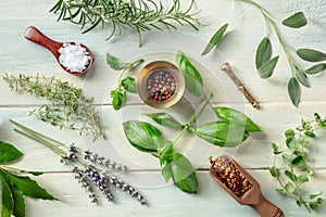 Fresh herbs, shot from above on a wooden background with salt and pepper