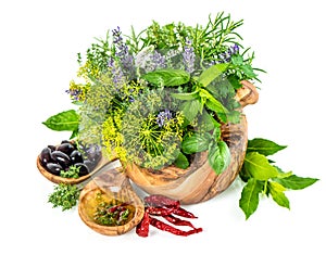 Fresh herbs and spices dill, basil, sage, lavender, laurel, oliv