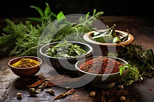 fresh herbs and spices in small bowls