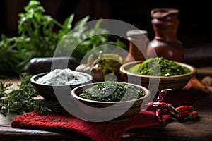 fresh herbs and spices in small bowls