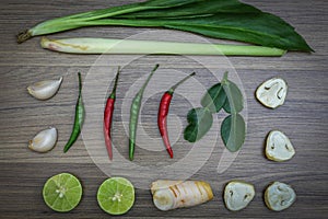Fresh herbs and spices on wooden background, Ingredients of Thai spicy food, Ingredients of Tom yum