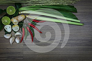 Fresh herbs and spices on wooden background, Ingredients of Thai spicy food, Ingredients of Tom yum