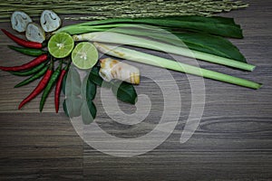 Fresh herbs and spices on wooden background, Ingredients of Thai spicy food, Ingredients of Tom yum