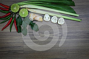 Fresh herbs and spices on wooden background, Ingredients of Thai spicy food, Ingredients of Tom yum