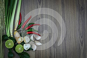 Fresh herbs and spices on wooden background, Ingredients of Thai spicy food, Ingredients of Tom yum