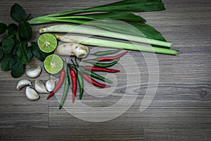 Fresh herbs and spices on wooden background, Ingredients of Thai spicy food, Ingredients of Tom yum