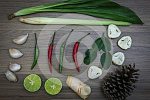 Fresh herbs and spices on wooden background, Ingredients of Thai spicy food, Ingredients of Tom yum