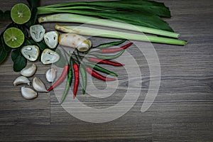 Fresh herbs and spices on wooden background, Ingredients of Thai spicy food, Ingredients of Tom yum