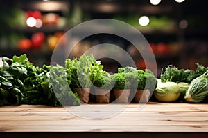 Fresh herbs in store department on wooden table top. Mock up. Generative AI