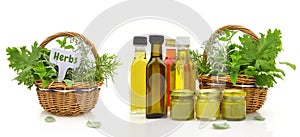 Fresh herbs in wicker basket and natural cosmetics