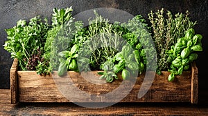Fresh herbs in a wooden planter box