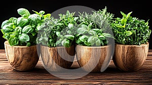 Fresh herbs in wooden pots