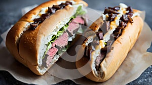 Fresh Hoagie Roll with Juicy Steak and Melted Cheese.AI Generated