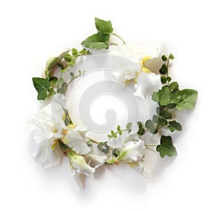 Fresh holiday floral frame made of Iris white flowers, buds