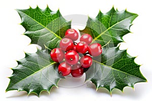 Fresh holly leaves with red berries photo