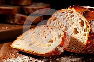 Fresh home baked bread. Texture of sliced loaf of bread close up