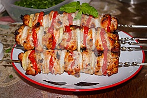 Shish kebab with vegetables and spices on skewers