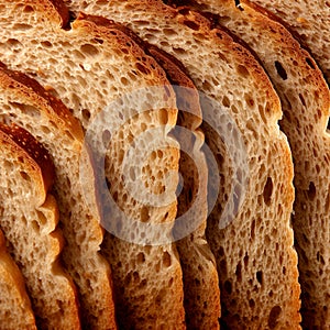 Fresh homebaked artisan sourdough bread. Texture of sliced loaf of bread close up. Bread background