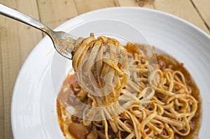 fresh homecook spaghett on wooden