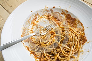 Fresh homecook spaghetti on wooden table