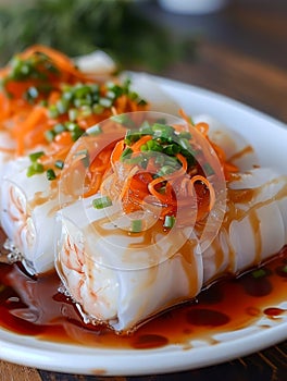 Fresh Homemade Asian Shrimp Rice Noodle Rolls Drizzled with Sweet Soy Sauce and Topped with Grated Carrot and Scallions