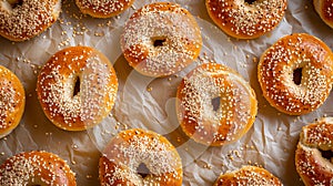 fresh homemade bagels on baking paper, crispy bagels with sesame seeds top view, free copy space