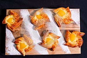 Fresh homemade bakery with fruits and topping, flat view