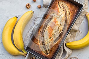 Fresh homemade banana bread in baking form