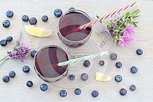 Fresh homemade blueberry or aronia juice, top view