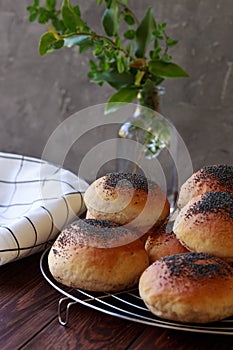 Fresh homemade burger buns with popp yseed, concept of burger and homemade food. Mini challah. Homemade bread on brown and grey ba