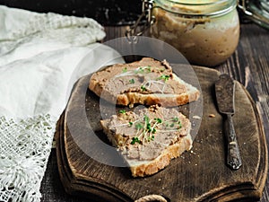 Fresh homemade chicken liver pate on toast