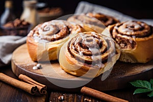 Fresh homemade Cinnamon rolls or Cinnamon buns, AI Generated