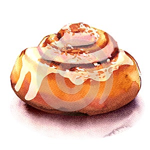 Fresh homemade cinnamon rolls, sweet bun, dessert isolated, watercolor illustration on white