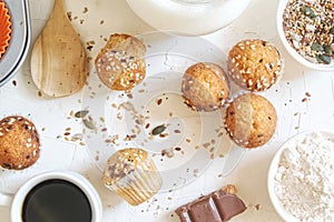 Fresh homemade delicious wholegrain cupcakes and muffins. Natural light and empty copy space