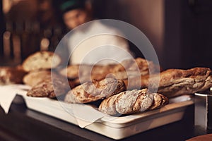 Fresh homemade gourmet bread. bakery concept