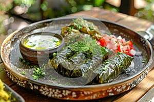 Fresh Homemade Grape Leaves Rolls Stuffed with Rice and Herbs, Served with Yogurt Dip on Rustic Plate