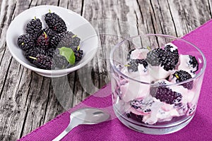 Fresh homemade greek yogurt with colored stains and berries