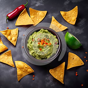 Fresh homemade hot guacamole sauce with nachos. Mexican guacamole and salsa dip with nachos.