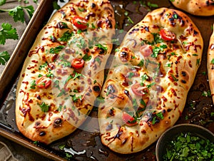 Fresh Homemade Oval Flatbread Topped with Herbs, Spices, and Tomatoes on a Wooden Background with Parsley Garnish