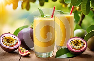 fresh homemade passion fruit smoothie, glass of passion fruit juice on a wooden table, exotic garden,