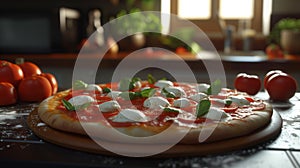 fresh homemade realistic italian pizza margherita with buffalo mozzarella and basi