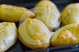 Fresh, homemade rustic meat pies on the baking sheet