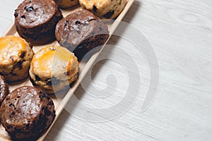 Fresh homemade scones breakfast on wooden board